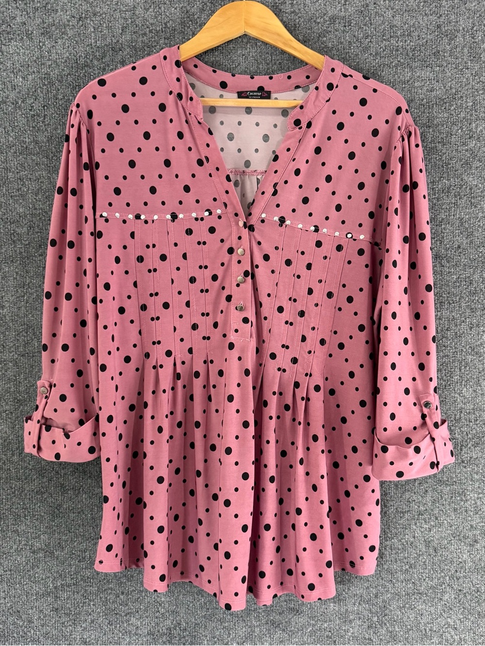 Cocomo Womens 3/4 Sleeve Polka Dot Top Size 2X Mauve Black Office Stretch